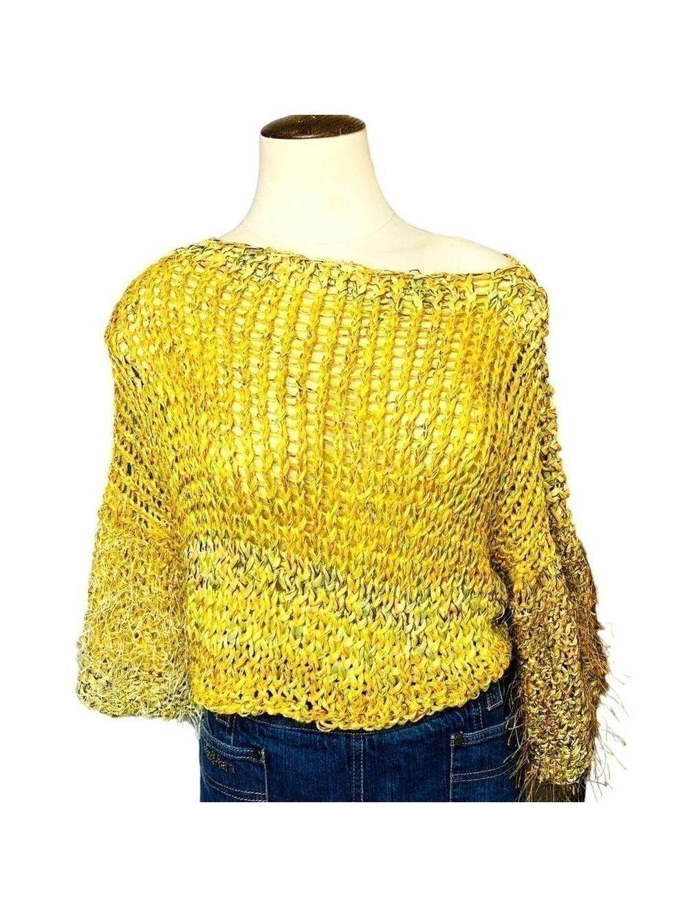 Hand Crafted Boho Yellow Fabric Knit Cropped Sweater Wide Sleeves Fuzzy Top O/S